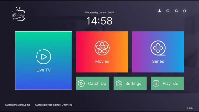 Menu Live TV, films et séries d’une application compatible avec un abonnement IPTV 6 mois
