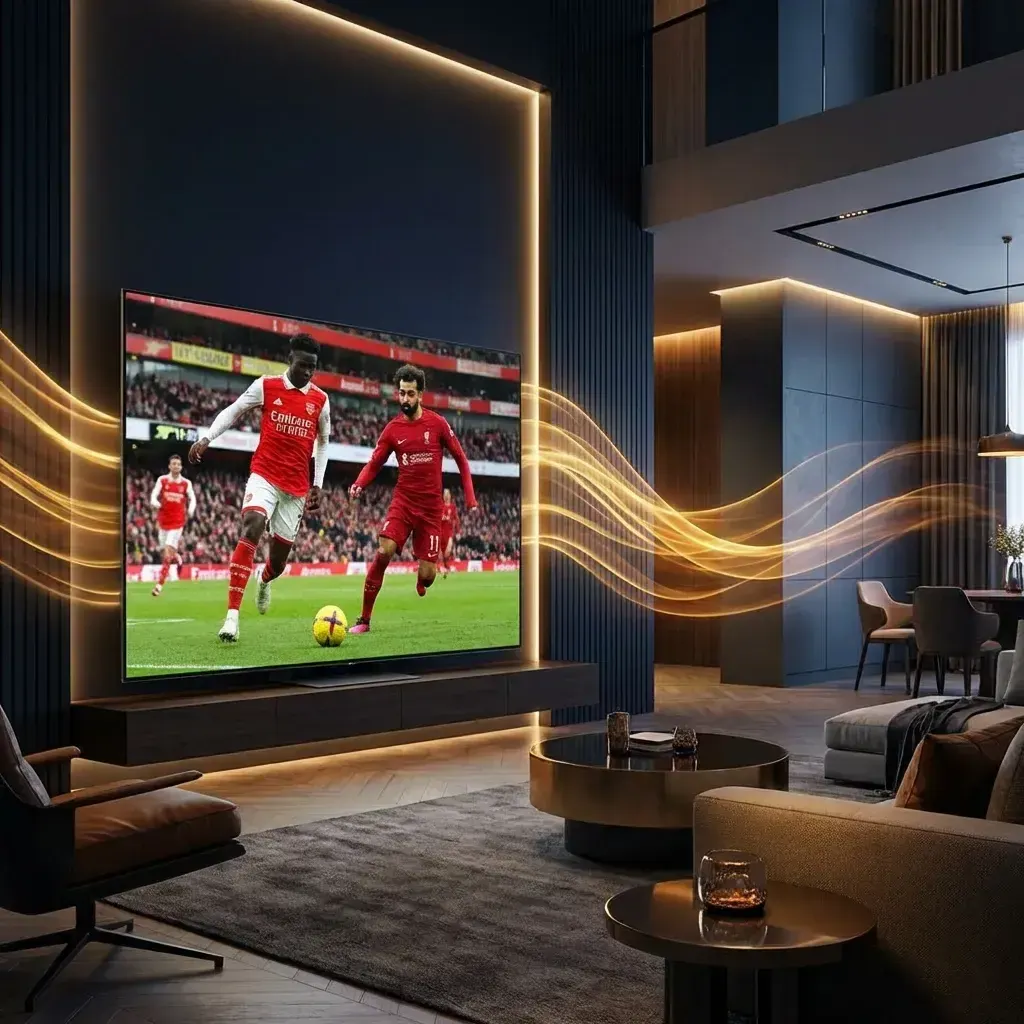 Grand salon avec un téléviseur qui diffuse un match grâce à un abonnement IPTV 2 ans