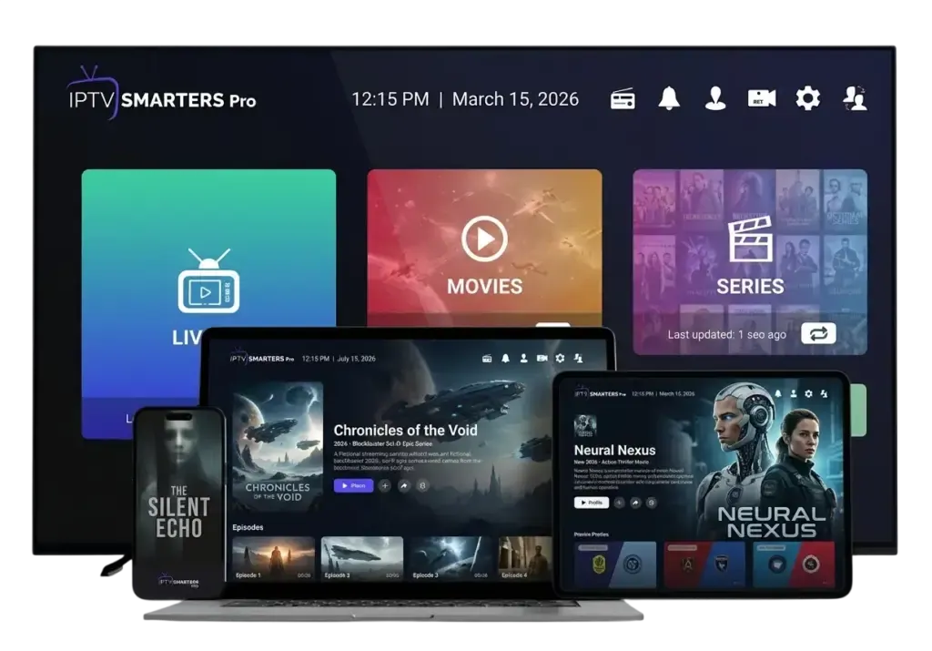 Application IPTV ouverte sur une TV, une tablette et un téléphone avec un abonnement IPTV 1 an